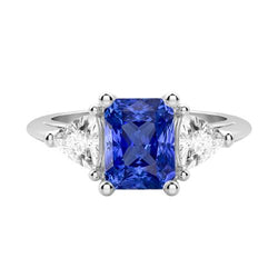 Bague diamant trillion trois pierres saphir bleu naturel 2 carats griffes