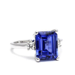 Bague diamants saphir de Ceylan 3 ct émeraude et Coupe Ronde en or blanc 14K