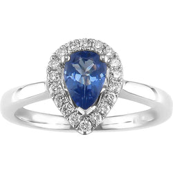 Bague diamants saphir de Ceylan en forme de poire 3.30 Ct 14K Or blanc 14K