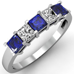 Bague diamants saphir de Ceylan taille princesse 5 pierres 1.75 ct