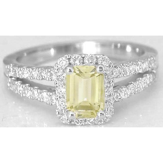 Bague diamants saphir jaune 4 ct émeraude et taille ronde en or blanc 14K - HarryChadEnt.FR