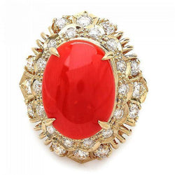 Bague en corail rouge ovale de 13.50 ct avec diamants ronds en or jaune 14K