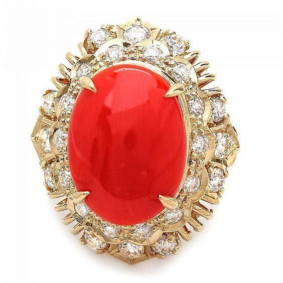 Bague en corail rouge ovale de 13.50 ct avec diamants ronds en or jaune 14K - HarryChadEnt.FR