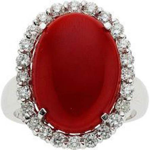 Bague en corail rouge sertie de griffes de 11.25 ct avec diamants en or blanc 14 carats - HarryChadEnt.FR