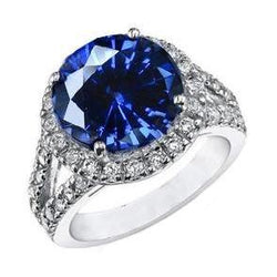 Bague en diamant Coupe Ronde avec saphir bleu de Ceylan Bijoux en or 3.75 carats