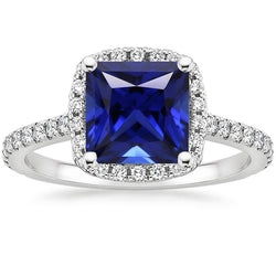 Bague en diamant avec halo de saphir de Ceylan 6 carats taille princesse avec accents