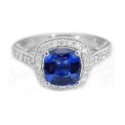 Bague en diamant avec saphir bleu de Ceylan de 3.70 ct en or blanc 14K
