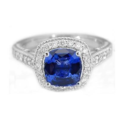 Bague en diamant avec saphir bleu de Ceylan de 3.70 ct en or blanc 14K - HarryChadEnt.FR