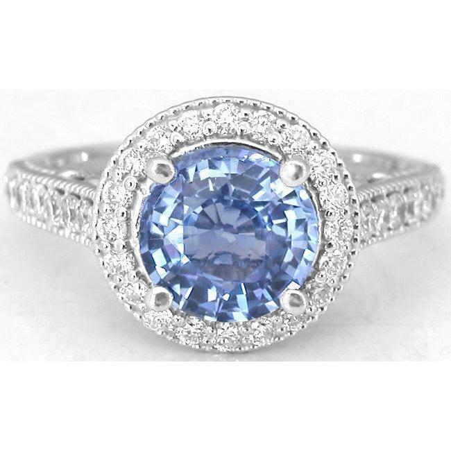 Bague en diamant de saphir de Ceylan de taille ronde de 4.86 ct en or blanc 14K - HarryChadEnt.FR