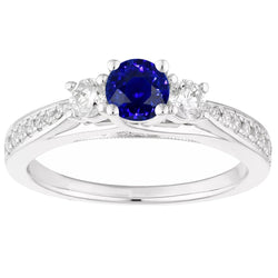 Bague en diamant de style 3 pierres pour femme. or saphir bleu rond 5 carats