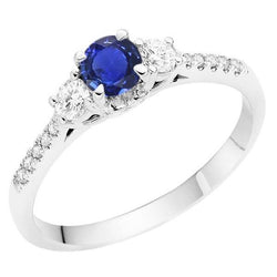 Bague en diamant pour femme 3 pierres de style saphir bleu avec accents 2 carats