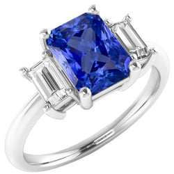 Bague en diamant pour femme. saphir de Ceylan. 4 carats. ensemble de paniers à griffes. baguettes