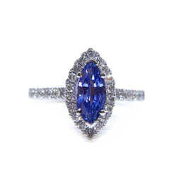 Bague en diamant rond avec saphir bleu du Sri Lanka en forme de marquise 2.60 ct