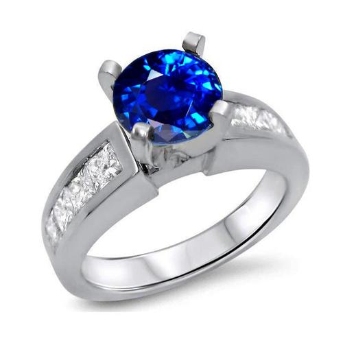 Bague en diamant saphir de Ceylan rond et taille princesse 3.20 carats WG 14K - HarryChadEnt.FR