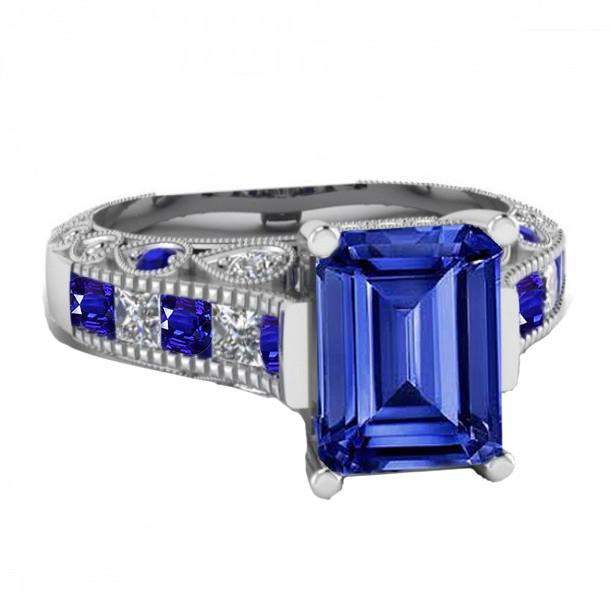 Bague en diamant saphir de Ceylan taille émeraude de style vintage 11.50 carats - HarryChadEnt.FR