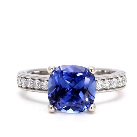 Bague en diamants saphir de Ceylan de 3.30 carats et taille ronde WG 14K - HarryChadEnt.FR