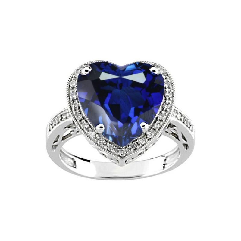 Bague en forme de coeur avec saphir bleu du Sri Lanka et diamants 7.76 carats WG 14K - HarryChadEnt.FR