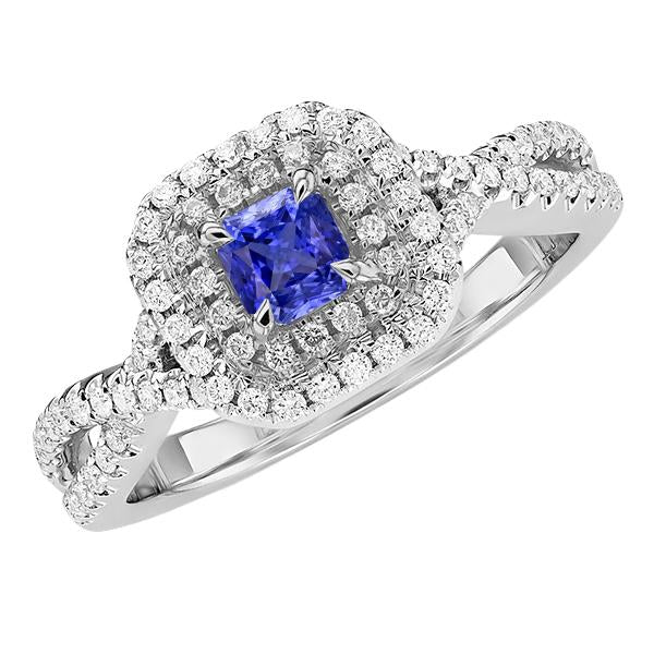 Bague en forme de diamant radiant halo bleu saphir tige torsadée 3.50 carat - HarryChadEnt.FR