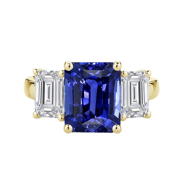 Bague en or 3 pierres saphir bleu radiant et diamant émeraude 3.50 carats - HarryChadEnt.FR