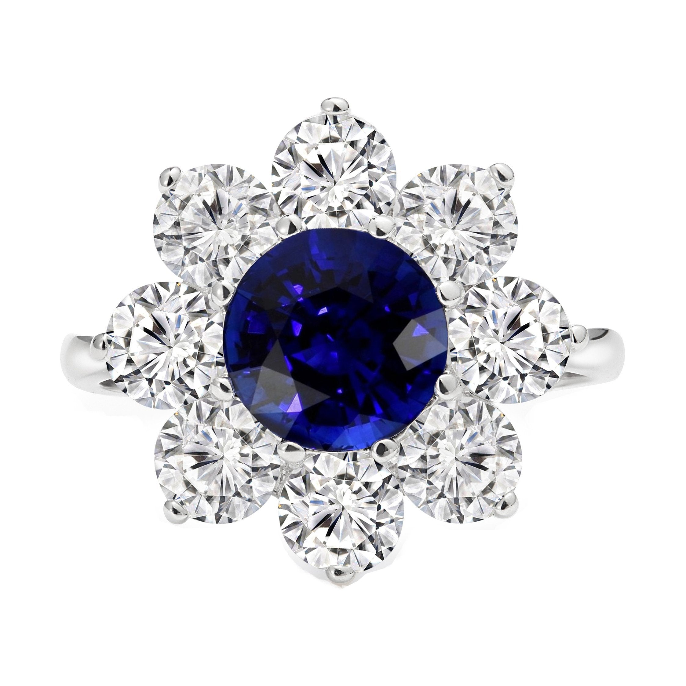 Bague en or Halo Diamant Bleu Rond Saphir Style Fleur 4.50 Carats - HarryChadEnt.FR