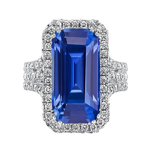 Bague en or avec halo de diamants taille émeraude et saphir de Ceylan 6 carats - HarryChadEnt.FR