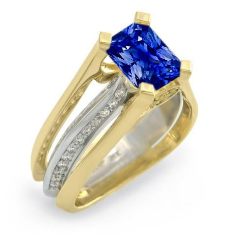 Bague en or bicolore et diamants Radiant Ceylan Sapphire 3 carats Split Shank - HarryChadEnt.FR