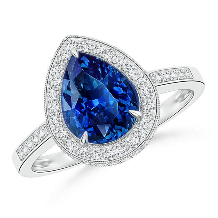 Bague en or blanc 14K 4.90 Sri Lanka saphir bleu halo de diamants - HarryChadEnt.FR