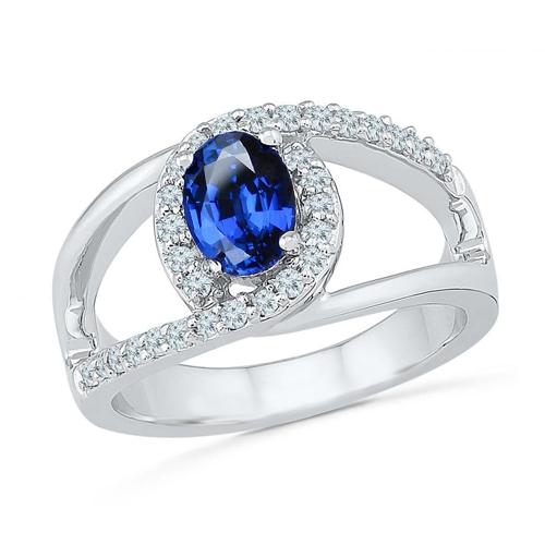 Bague en or blanc 14K avec saphir bleu de Ceylan ovale de 2.75 ct et diamants - HarryChadEnt.FR