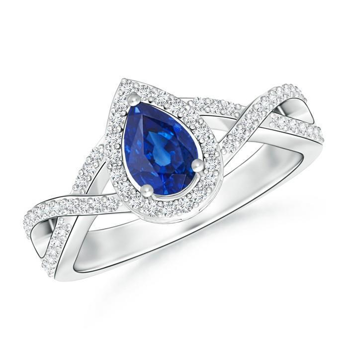 Bague en or blanc 14K poire et saphir bleu du Sri Lanka taille ronde 4.90 ct - HarryChadEnt.FR