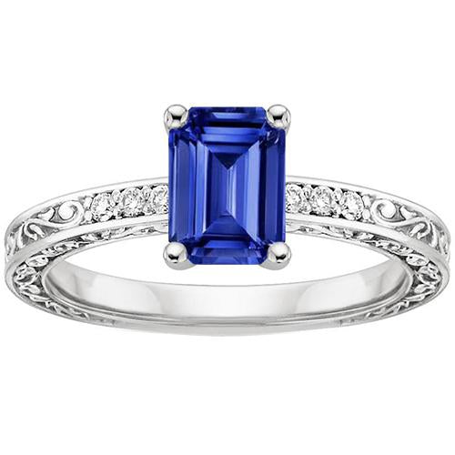 Bague en or blanc avec pierres précieuses et saphir bleu émeraude accent 3.50 carats - HarryChadEnt.FR