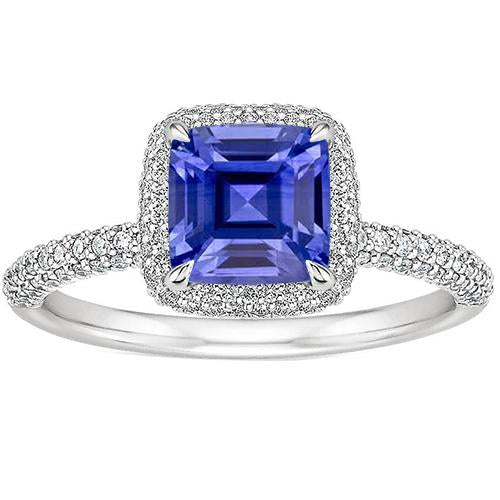 Bague en or pour femme avec diamants taille Asscher et saphir bleu 3.45 carats 14K - HarryChadEnt.FR