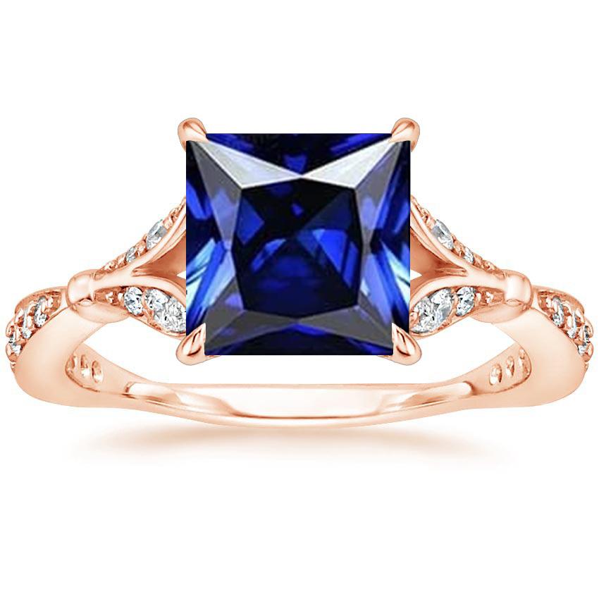 Bague en or rose avec accents taille princesse saphir bleu 5.50 carats - HarryChadEnt.FR
