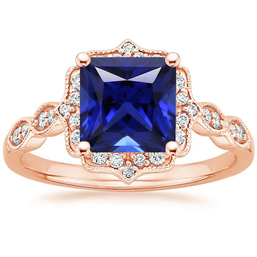 Bague en or rose avec halo de diamants et saphir bleu princesse Milgrain de 5.50 carats - HarryChadEnt.FR