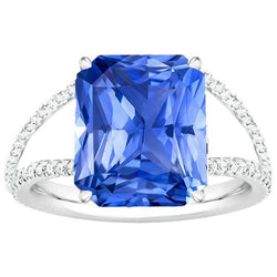 Bague en pierres précieuses Radiant Blue Saphir Split Tige Diamant Rond 5 Carats