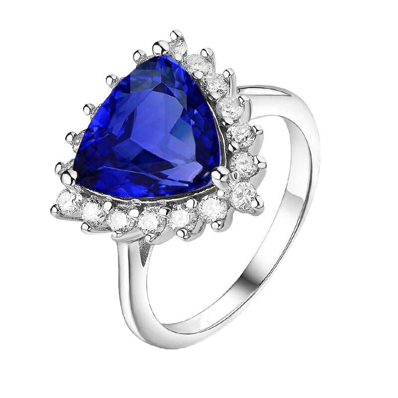 Bague en pierres précieuses avec halo de diamants et trillions de 3.50 carats. saphir bleu de Ceylan - HarryChadEnt.FR