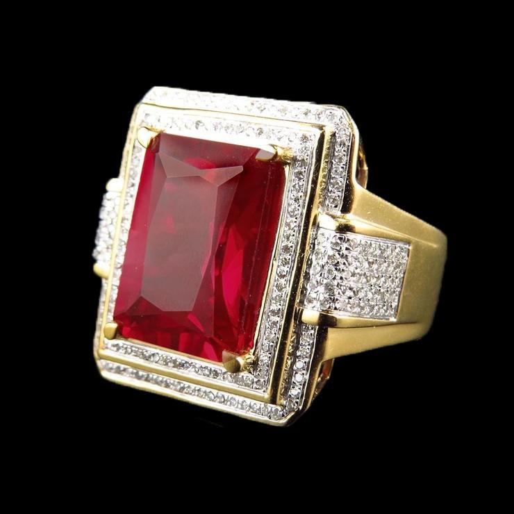 Bague en rubis rouge taille émeraude 13 carats avec diamants en or jaune 14K - HarryChadEnt.FR