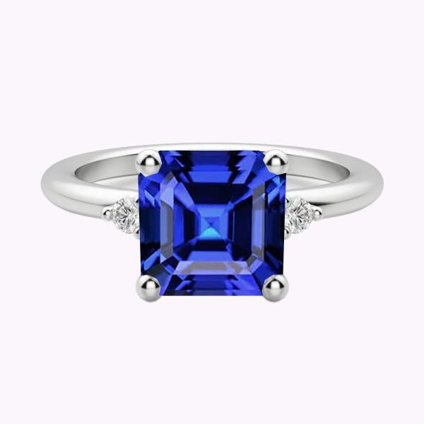 Bague en saphir bleu avec petit diamant rond et 3 pierres taille Asscher 2.75 carats - HarryChadEnt.FR