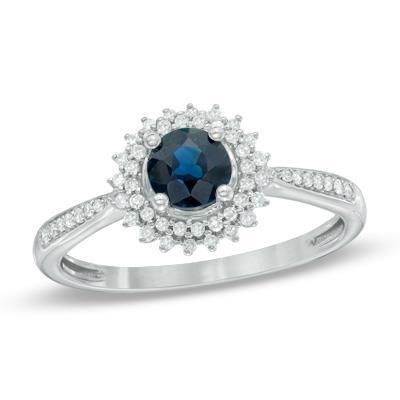 Bague en saphir bleu de Ceylan rond de 3.10 ct et diamants WG 14K - HarryChadEnt.FR