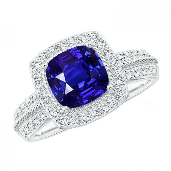 Bague en saphir bleu de style vintage avec diamants et bijoux en or 3.25 carats - HarryChadEnt.FR