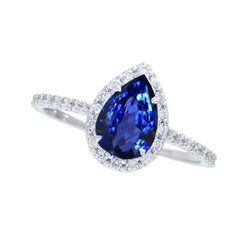 Bague en saphir bleu du Sri Lanka et diamant rond de 2.30 carats taille poire