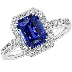 Bague en saphir bleu émeraude avec halo de pierres précieuses sertie de diamants 5 carats