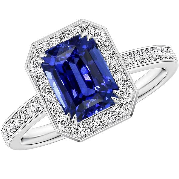 Bague en saphir bleu radiant avec halo de pierres précieuses sertie de diamants 5 carats - HarryChadEnt.FR