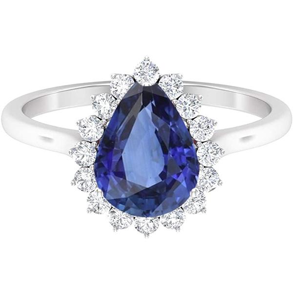 Bague en saphir bleu en forme de poire avec halo de diamants 4.50 carats - HarryChadEnt.FR