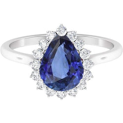 Bague en saphir bleu en forme de poire avec halo de diamants 4.50 carats
