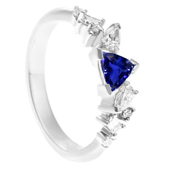 Bague en saphir bleu et diamants avec trillion en V de pierres précieuses 1 carat - HarryChadEnt.FR