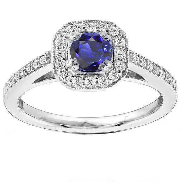 Bague en saphir bleu halo de diamants de style antique 3 carats tige millegrain - HarryChadEnt.FR
