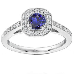 Bague en saphir bleu halo de diamants de style antique 3 carats tige millegrain