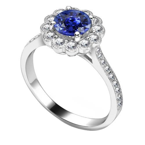Bague en saphir bleu style fleur Halo pour femme serti cathédrale 3 carats - HarryChadEnt.FR