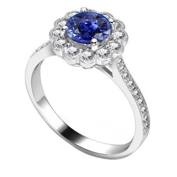Bague en saphir bleu style fleur Halo pour femme serti cathédrale 3 carats