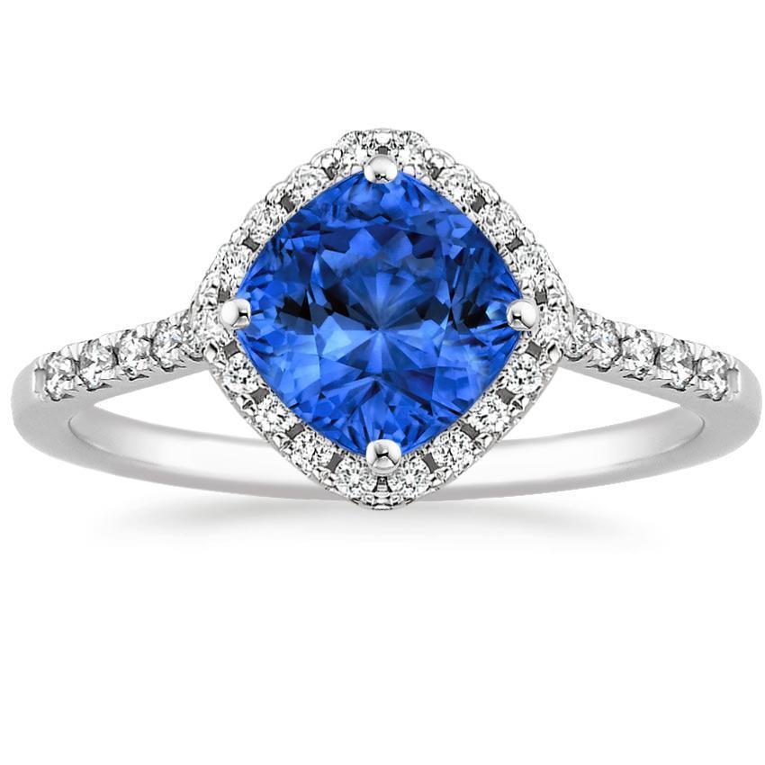 Bague en saphir bleu taille coussin et diamant rond 3 ct. Or Blanc 14K - HarryChadEnt.FR